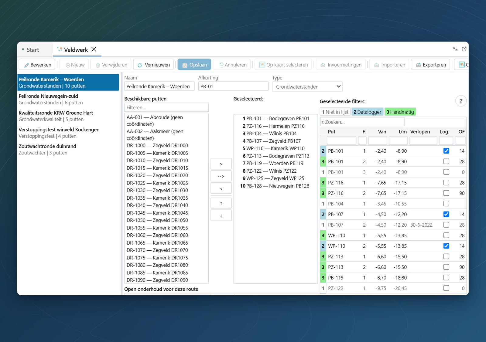 Peilronde samenstellen: beschikbare putten, de gekozen volgorde en per filter datalogger of handmeting